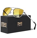 LUENX Night Vision Driving Glasses, Aviator Sunglasses for Men Women, Anti Glare Polarized Square Polygon Yellow Lens Metal Frame Clear Sight 58MM