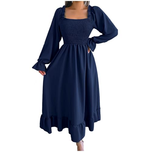 Robe mi-longue à volants et col en V avec taille smockée élastique bleu marine
