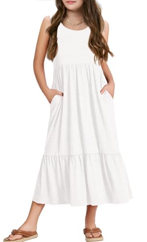 Haloumoning Girls' Dresses Summer Sleeveless Dress Round Neck Tank Top Dress Kids Long Casual Dress Sundress, White, 10-12 Years