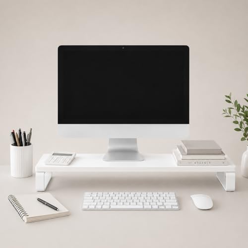 Image of Decorlay Engineered Wood Monitor Stand Riser for Desktop Computer & Laptop | Heavy Duty White Metal Frame | Ergonomic Monitor Shelf with Keyboard Storage | Space Saving Desk Organizer | Full White