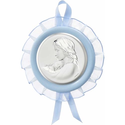 Medaglione Per Culla A Tema Madonna Con Bambino Di Valenti. Medaglione Di Colore Celeste Con Lastra In Argento 925. Misure: D.9,5. La Referenza è: 10570 1C