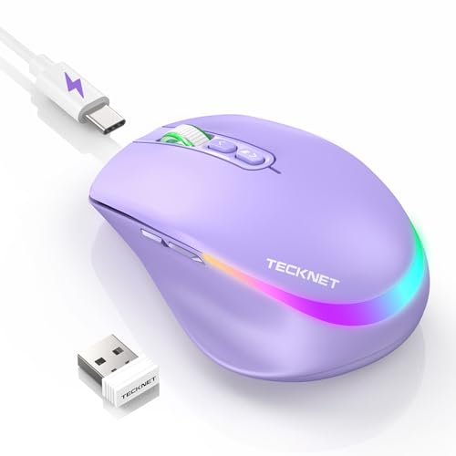 TECKNET Wireless Mouse Jiggler Rechargeable Mouse with Built-in Mouse Mover 6 Adjustable DPI & 14 LED Modes Silent Click Undetectable Random Movement Keeps Computer Awake for Laptop/PC/Mac- Purple