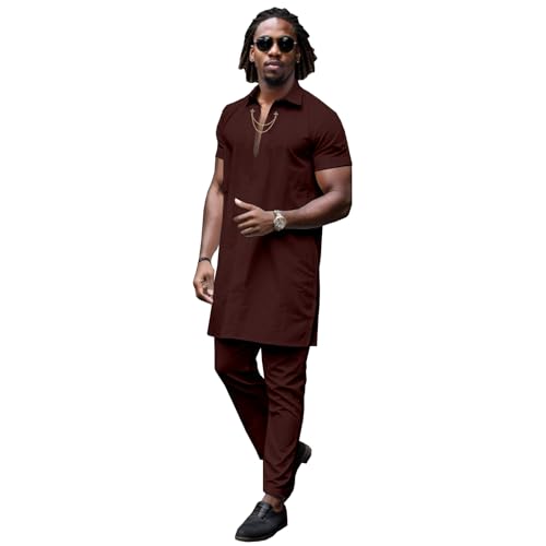 Men’s 2 Piece Suit Set Casual Short Sleeve Dashiki Chain Shirt and Pants Outfit Loose African Tracksuit