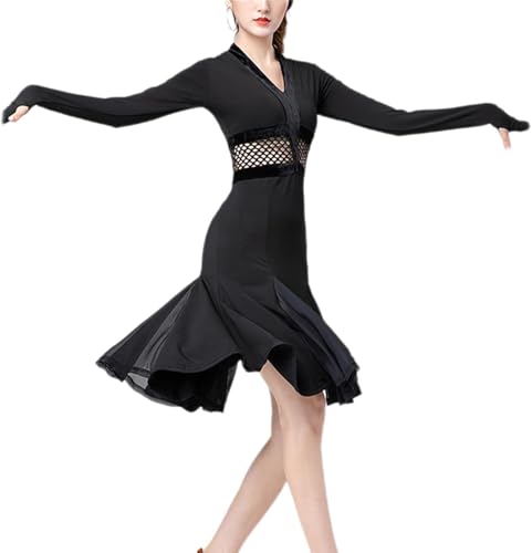 DgtZyrih Vestido de Baile Latino de Manga Larga para Mujer Vestidos de salón Traje de actuación escénica Moderna Rumba Samba Cha Cha Tango Party Falda Swing Ropa de Baile de competición,Negro,L