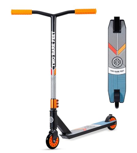 Two Bare Feet Stunt Scooter for Kids & Teens – Lightweight Pro Freestyle Scooter with 360° Spin Alloy Deck, ABEC-9 Bearings & High-Grip Wheels for Tricks & Jumps (Aztec Black/Orange)