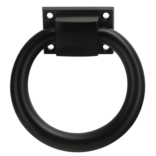 foxwake Round Metal Sliding Barn Door Knob and Pull 3.9In Matte Black Ring Garage Door Handle Decorative Gate Door Handle Exterior for Fence Farmhouse Gardendoor Mantle Shutters Ring-1Pack