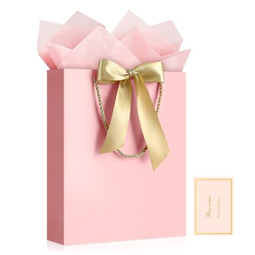 Image of JMANNI Pink Day Gift Bag, 1PCS 13 inch Gift Bags with Ribbon and 1 Greeting Cards 2 Tissue Paper, Portable Paper Gift Bag with Handles,Present Bags for Birthday Wedding Party Mothers Day