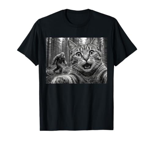 Funny Cat Selfie with Bigfoot Sasquatch Cryptid Humor T-Shirt