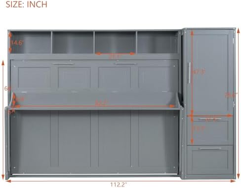 VilroCaz Queen Size Murphy Bed with Closet and Drawers, Traditional Solid Wood Wall Bed Cabinet Bed, Can be Folded Platform Bed, Space-Saving Design (Grey-Q16, Queen)