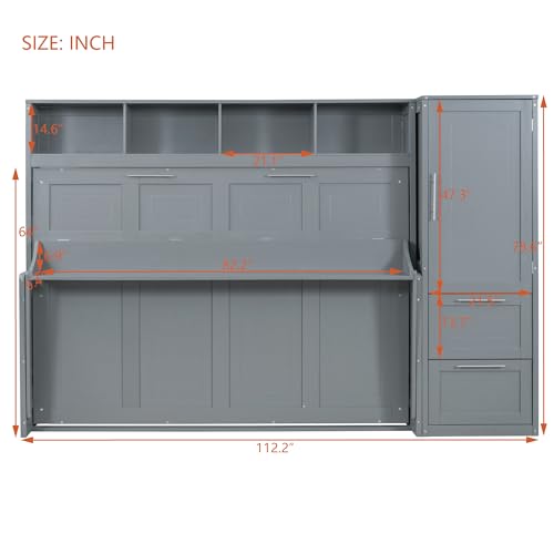VilroCaz Queen Size Murphy Bed with Closet and Drawers, Traditional Solid Wood Wall Bed Cabinet Bed, Can be Folded Platform Bed, Space-Saving Design (Grey-Q16, Queen)