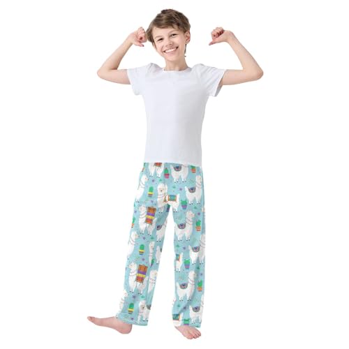 ZZXXB Ethnic Llama Cactus Boys Long Pants Soft Trousers Elastic Waist Kids Lounge Bottoms with Pockets S-XL2