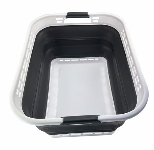 Image of SAMMART 42L (11 Galloons) Collapsible Plastic Laundry Basket - Foldable Pop Up Storage Container /Organizer - Portable Washing Tub - Space Saving Hamper /Basket (White /Asphalt)