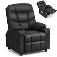 Maxmass Kids Armchair, PU Leather Upholstered Children Sofa Chair with Adjustable Backrest, Retractable Footrest, Cup Holders, Side Pockets, Toddler Recliner Chair for 3+ Years Old (Black)