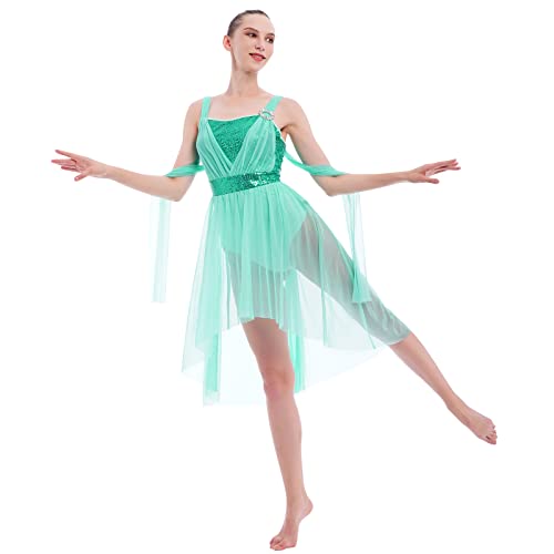 Women Contemporary Dance Costumes Lyrical Dance Dress Sequin Ballroom Dance Dresses With Ballet Leotard And Flowy Mesh Tulle Chiffon Skirt Lyrical Dancewear For Stage Performance Green Small #TOP1
