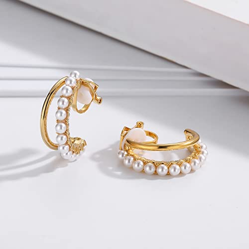 Haiswet Simulated Pearl Gold Tone Clip On Stud Hoop Earrings For Women #TOP3