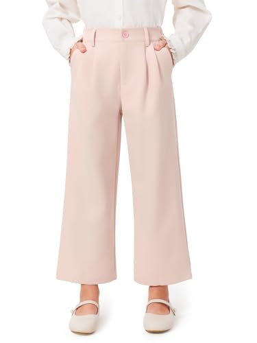 Image of Haloumoning Girls Uniform Pants Kids High Waisted Wide Leg Dress Pants Casual Trousers with Pockets 5-14 Years