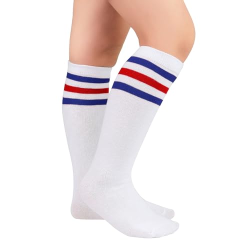 Kids Soccer Socks Toddler Soccer Socks Knee High Tube Socks Three Stripes Cotton Uniform Stocking Socks 1 Pack White Blue&Red2