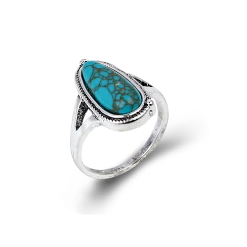 QRH Bohemian Turquoise Oval Flower Rings Vintage Geometric Ethnic Natural Stone Adjustable Silver Joint Knuckle Rings Western Cowgirl Statement Jewelry-irregular