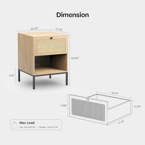 Rattan Nightstand Set of 2, Boho Bedside Table with Handmade Natural Rattan D...
