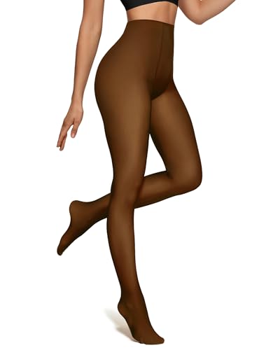 Image of OEAK Womens Fleece Lined Tights Fake Translucent Pantyhose Thermal Opaque High Waisted Winter Legging Footed Sheer Tights 220g Fake Translucent Honey L /XL