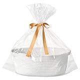 Kodomoore Small Woven Gift Basket Empty with Bag & Ribbon - Gifts for Mom, Baby Shower, Birthdays & Raffle - Cotton Rope Storage Basket for Dog Toys or Shelf - 12'x8'x5', White