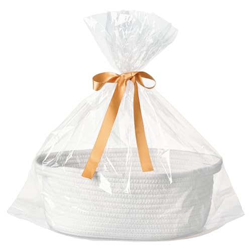 Kodomoore Small Woven Easter Basket with Gift Bag and Ribbon – Empty Burr Basket for Gifts, Baby Shower, & Birthdays – Decorative Rope Storage Organizer for Shelves, 12'x8'x5', White