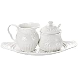 TOPZEA Vintage Porcelain Creamer and Sugar Bowl Set of 3, Ceramic Coffee Serving Set Cream Pitcher and Sugar Jar with Spoon & Lid Tea Party Accessories for Coffee Bar, Kitchen Decor