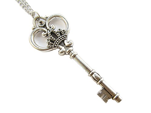 necklace Large Skeleton Key, Antique Silver Finish Key, Ornate Victorian Style, Crown, Long