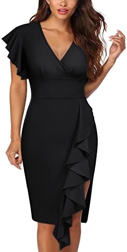 Knitee Women's Deep-V Neck Ruffle Sleeves Cocktail Party Pencil Slit Formal Dress