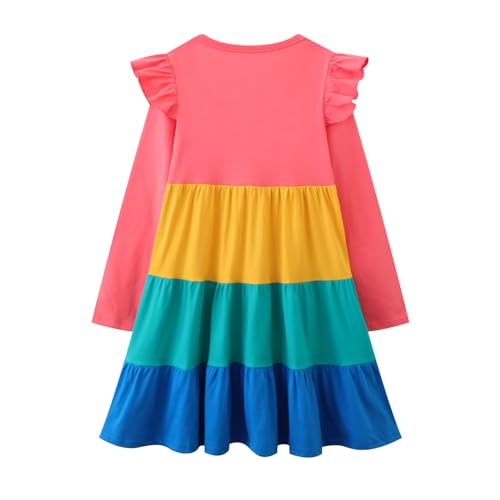 Image of Girl Long Sleeve Dress Ruffle Rainbow Color Block Cotton Casual Tiered Pleated Twirly Dress