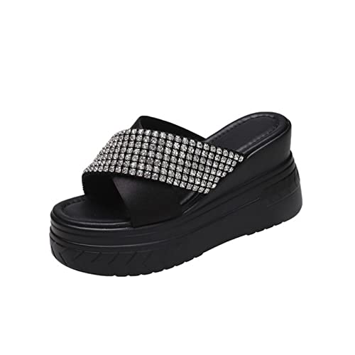 Ecoodisk Sandalias y sandalias de verano con diamantes de imitación de verano, zapatos de cuña de plataforma blanca, zapatos para mujer, sandalias de cuña informales, zapatillas de mujer, negro, 35