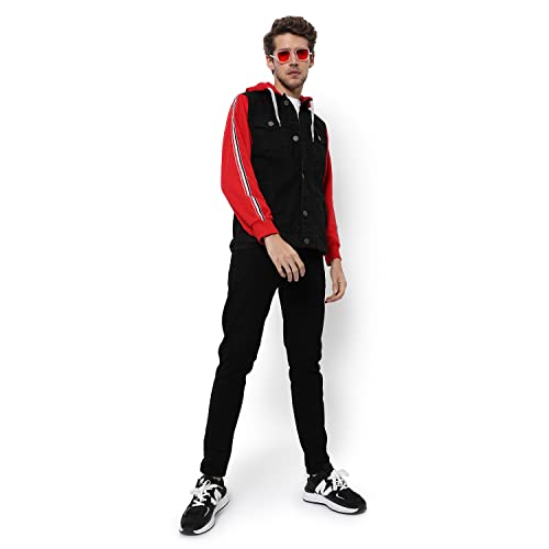 Image of Campus Sutra Men's Dark-Washed Black & Red Regular Fit Denim Jacket | Hooded Collar | Full Sleeve | Buttoned | Casual Western Stylish Winter Wear for Men