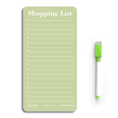 Image of 3 Lines Shopping List Fridge Magnet with Marker|Smart Planning & Shopping for Family, Working Professionals|to Do List| Acrylic Magnetic Notepad for Kitchen Organisation|12x24 cms|Kiwi Color|Large