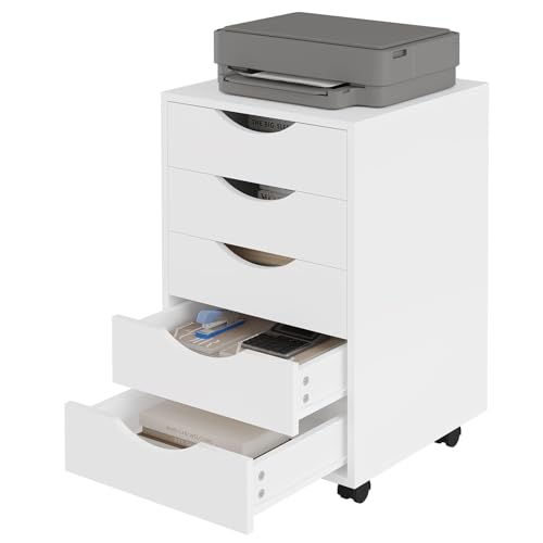 Miniatura 9 de Woltu Cajonera De Escritorio Con 5 Cajones, Armario Archivador Con Ruedas, Cajonera Rodante Para Despacho, Cómoda Móvil, Mueble Archivador Oficina Y Estudio, Blanco, 40x40x66,5 Cm, Ask14ws