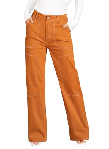 Dokotoo Women's Casual Mid Waist Cargo Jeans Stretch Wide Leg Denim Pants with Pockets