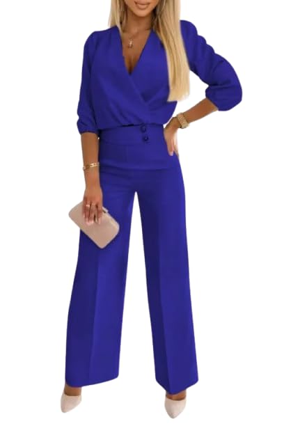 Womens Solid V Neck Two Button Trouser Set - Formal Business Office and Party Top and Pants Set