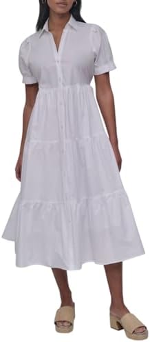 DKNY Women's Button Front Poplin Tiered Dress with Short Puff Sle...