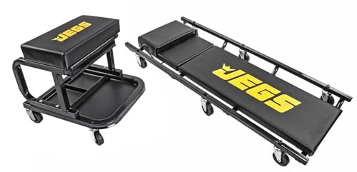 JEGS Creeper and Mechanic Seat Set | Memory Foam Padding | Black Logo | 350 LBS Capacity | 2 �� Caster Wheels