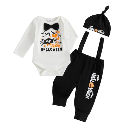 Image of Karuedoo My 1st Halloween Baby Boy Outfit Long Sleeve Bowtie Romper Suspender Pants with Hat 3 Piece Fall Clothes Sets