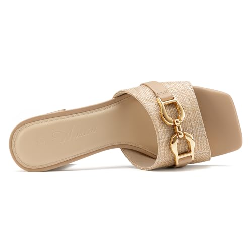 Athlefit Raffia Heeled Sandals for Women Mules Square Peep Toe Chunky Block Heels Slip On Comfortable Casual Slide Sandals Natural Size 10 — view 6