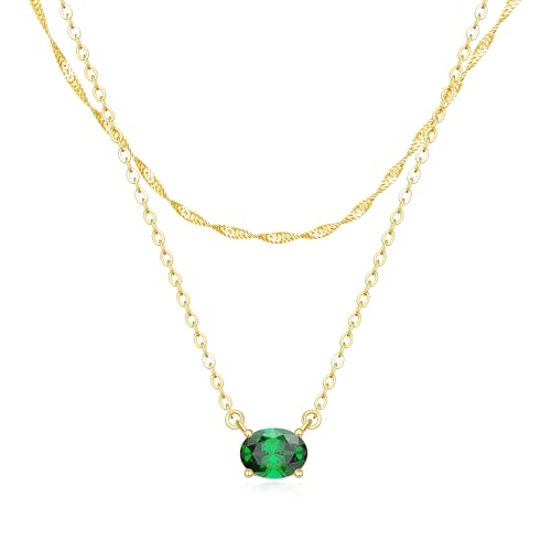 Birthday Gifts for Women, Emerald Layered Birthstone Gold Necklace, 14K Gold Plated Jewelry, Romantic Valentine's Mother's Day Anniversary Christmas Jewelry Gift for Her Mom Grandma Wife Girlfriend Sister Best Friend