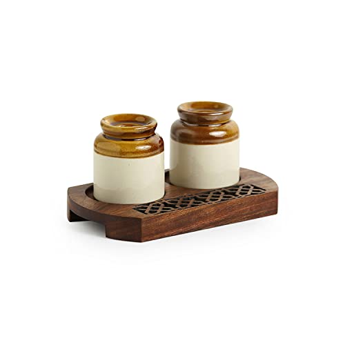 Image of ExclusiveLane 'Royal' Ceramic Salt Pepper Set for Dining Table with Wooden Tray (80 ML, Brown & Cream) | Salt and Pepper Container for Dinning Table Salt and Pepper Dispenser Salt and Pepper Shaker