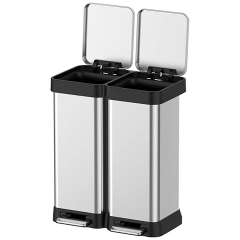 16 Gallon Dual Trash and Recycling Bin, 60L(2x30L) Fingerprint Proof Stainless Steel Kitchen Garbage Can with Double Lid, Hands-Free Step Rubbish Bin without Inner Bucket for Kitchen Home Office Cover