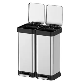 16 Gallon Dual Trash and Recycling Bin, 60L(2x30L) Fingerprint Proof Stainless Steel Kitchen Garbage Can with Double Lid, Hands-Free Step Rubbish Bin Without Inner Bucket for Kitchen Home Office