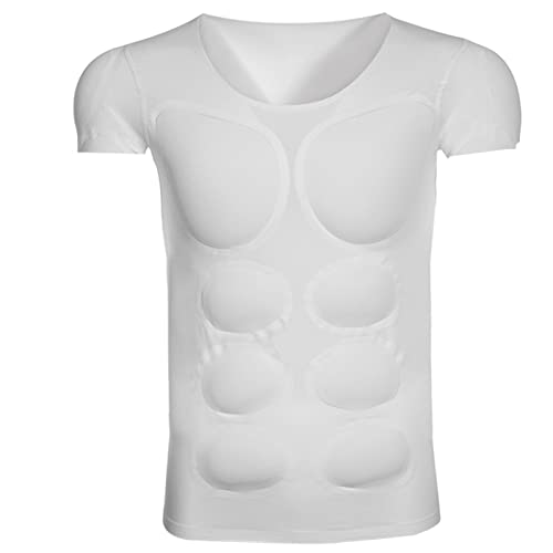 Ypnrd Men Realistic Chest T-Shirt ?Fake Muscle Chest T-Shirt Padded Shoulders Abdomen Body Undershirt Compression Underwear,White,M