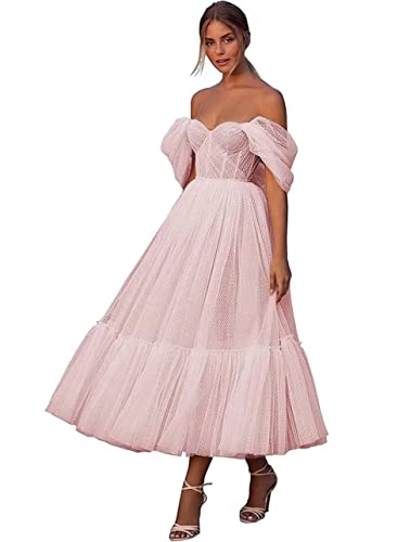 Women's Off Shoulder Prom Dress Puffy Sleeve Tulle Sweetheart Tea Length Ball Gown Formal Evening Party Dress NA12