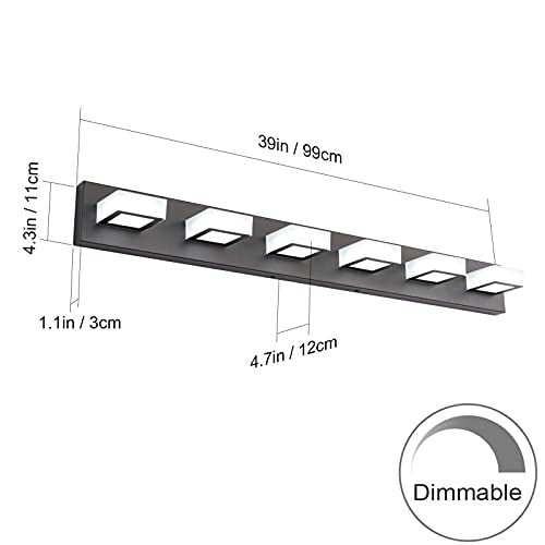 Image of Ralbay 6 Lights LED Modern Dimmable Matte Black Vanity Light Acrylic Modern Vanity Wall Light Over Mirror Dimmable Bathroom Vanity Lighting Fixtures 6000K Cool White Light