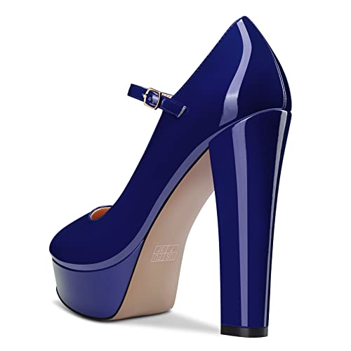 Aachcol Women Platform Mary Jane Chunky Block High Heel Pumps Close Round Toe Ankle Strap Two-Piece Dress Shoes Pumps Party Wedding Patent 5 Inch3