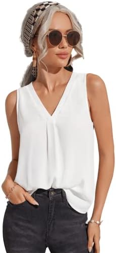 Milumia Womens Elegant V Neck Work Office Pleated Tank Top Shirt (A a White, X-Small, Sleeveless)