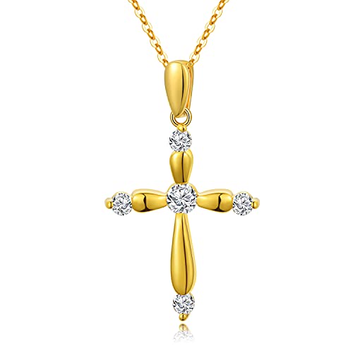 18K Yellow Gold Cross Necklace For Women, Real Gold Shiny Blessing Cross Pendant Religious Jewelry Gifts For Her, Mom, Wife, Girls, 18", Thickness 2.3Mm #TOP9